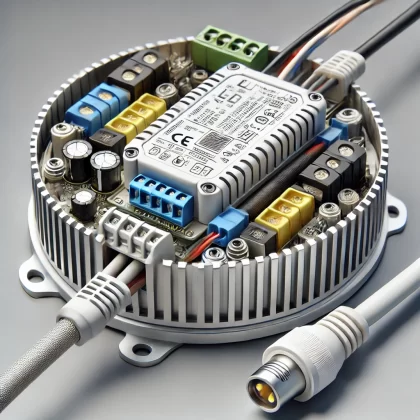 DALL·E 2024-09-10 10.22.29 - A realistic image of a LED driver for luminaires, showing electrical components and connectors. The LED driver is attached to a modern LED luminaire,